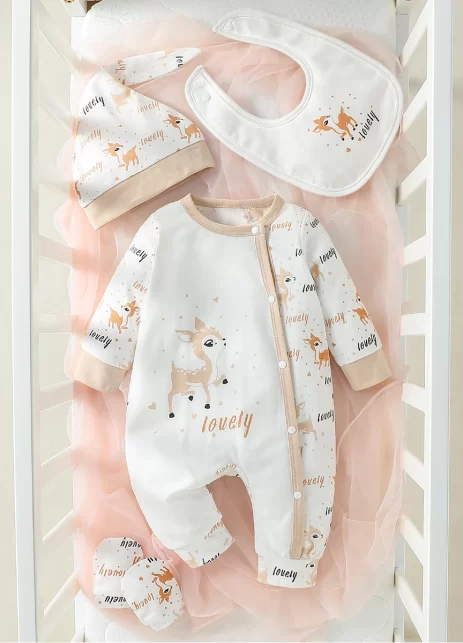 4 Uds. mameluco 0M a 9M - dibujos animados + babero + guantes + sombrero