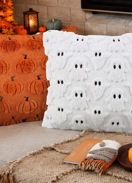 Funda de cojín con bordado- diseño de calabaza/ fantasma